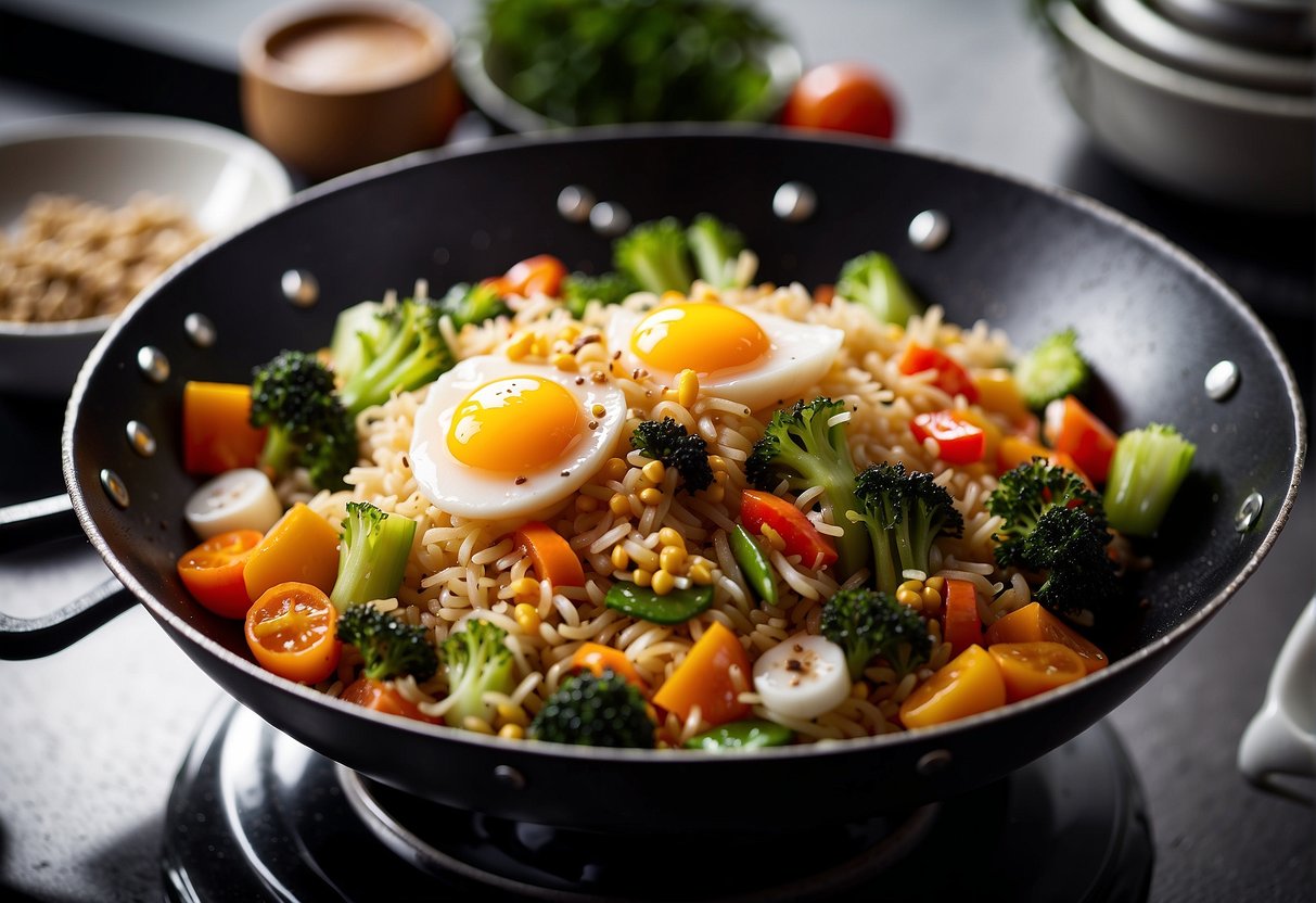 A wok sizzles with rice, eggs, and mixed vegetables. Soy sauce and sesame oil add flavor as the chef tosses the ingredients together