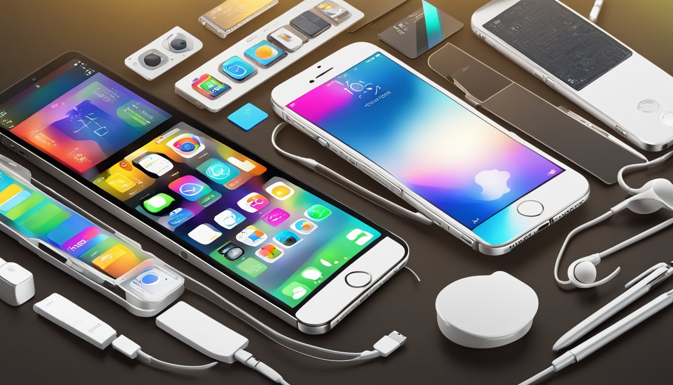 An iPhone 5S rests on a sleek, modern desk, surrounded by high-tech accessories and a vibrant digital screen displaying a variety of apps and features