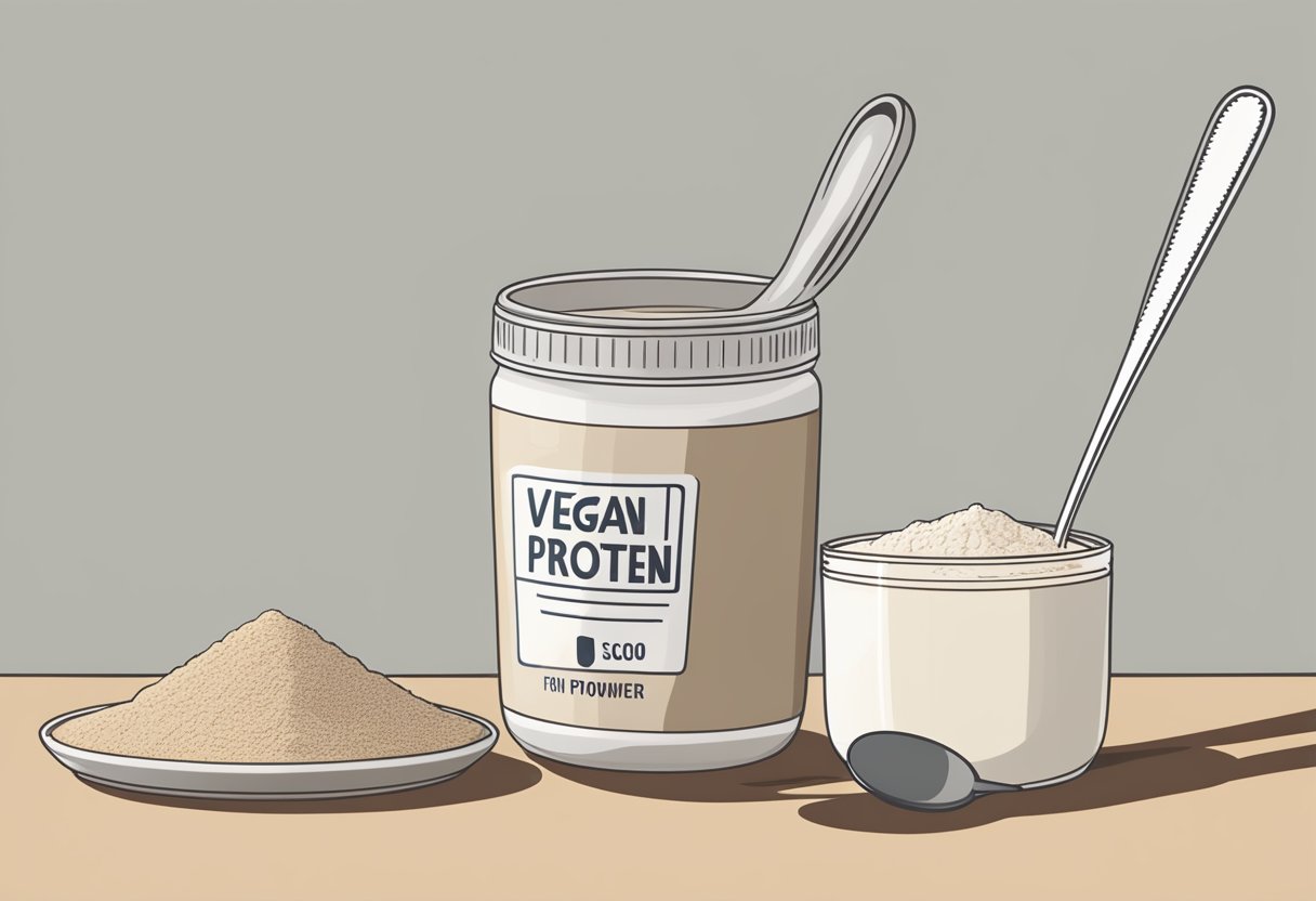 A scoop of vegan protein powder and a scoop of whey protein powder sit side by side on a table, with a measuring spoon next to them