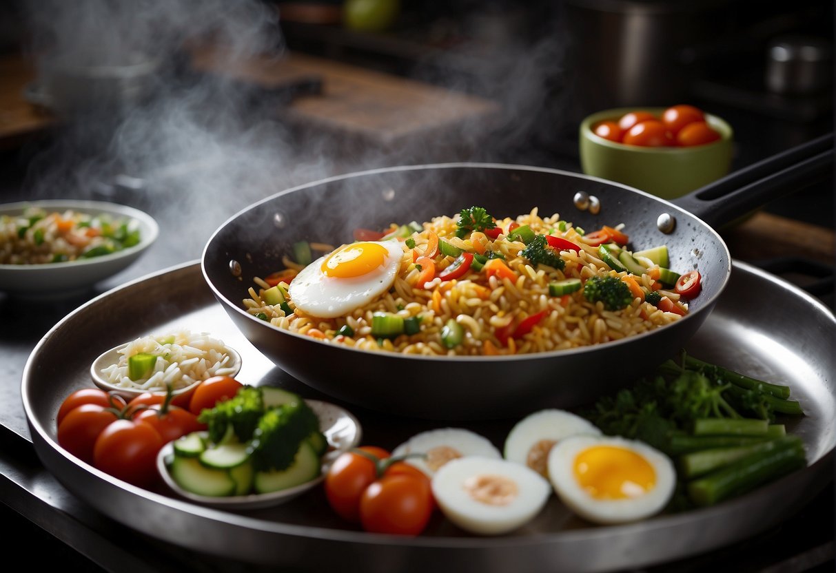 A wok sizzles with stir-fried rice, eggs, and vegetables. Steam rises as the chef tosses in soy sauce and spices