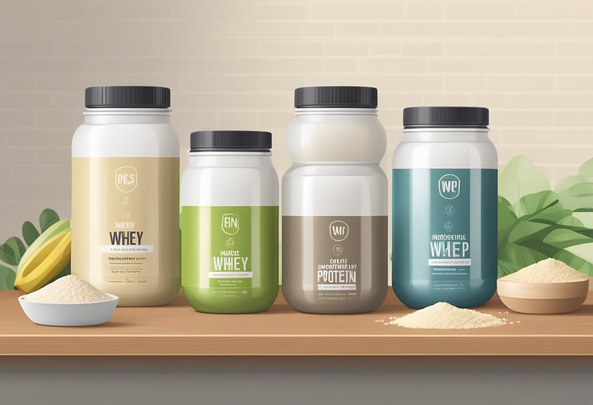 A comparison of vegan and whey protein powders, with containers of each placed side by side on a clean, modern countertop