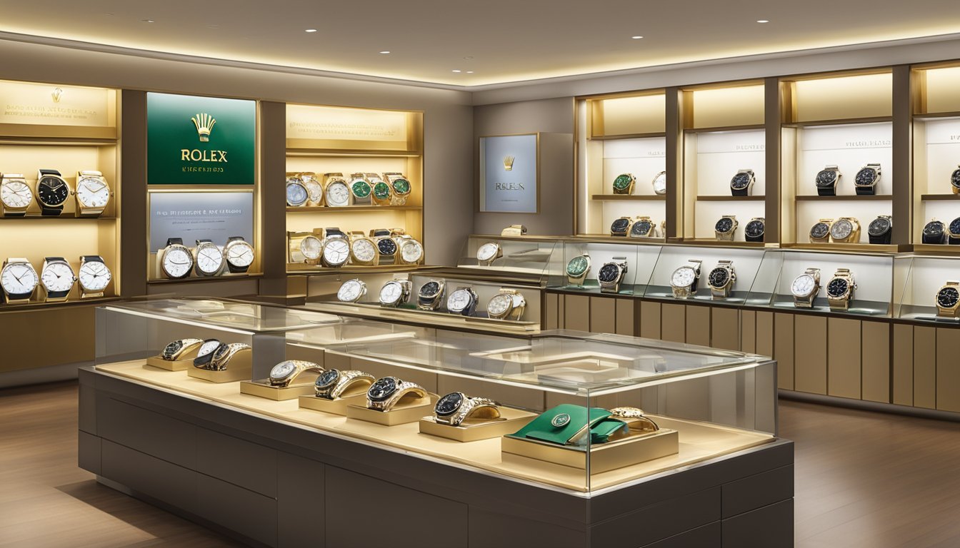 A display of pre-owned Rolex watches in a Singapore store, with elegant cases and gleaming dials catching the light
