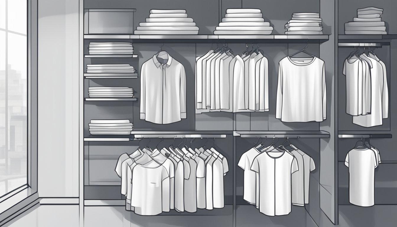 A display of neatly folded plain white t-shirts in various sizes and styles, showcased on clean, well-lit shelves in a Singaporean retail store