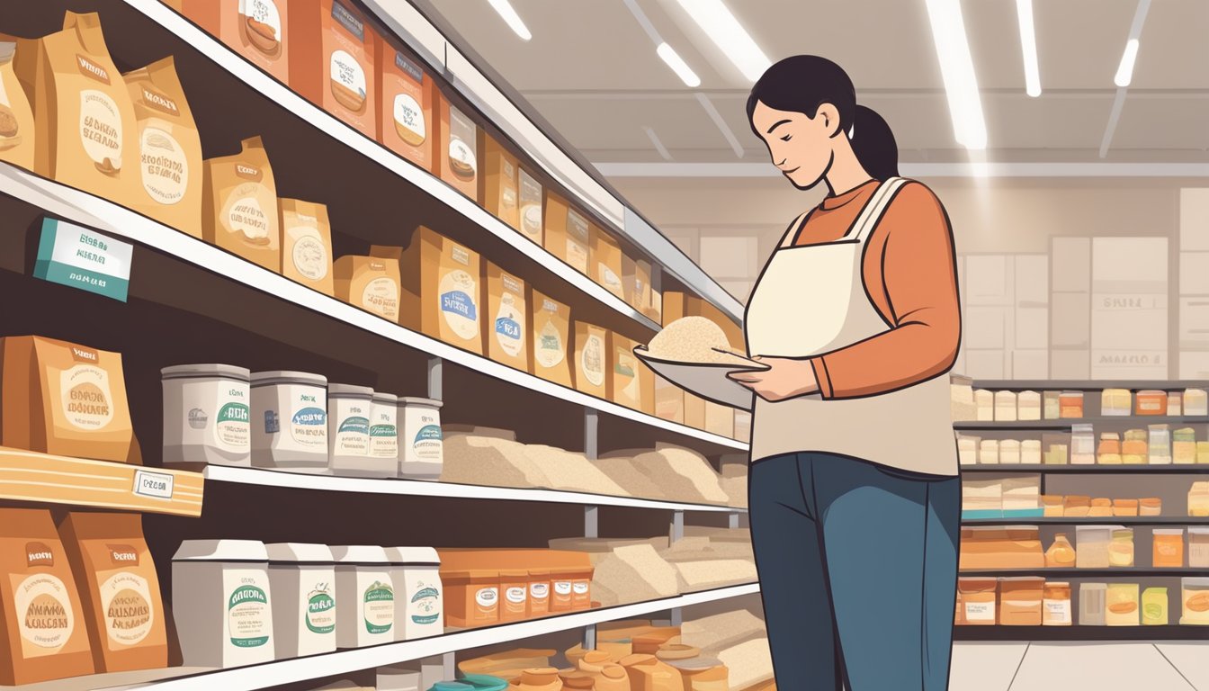 A person compares different brands of almond flour on a store shelf, reading labels and considering options