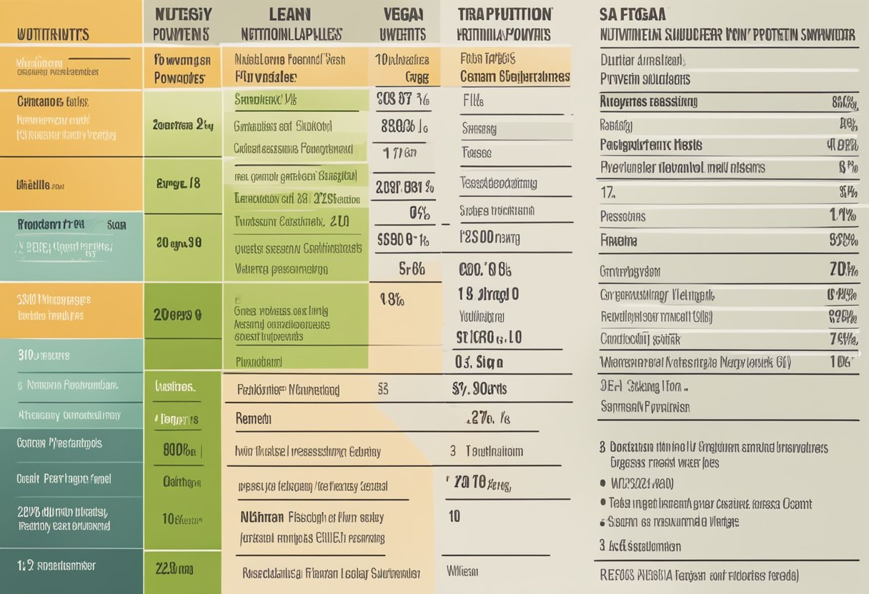 A comparison of nutritional labels for vegan and whey protein powders, with key nutrients highlighted