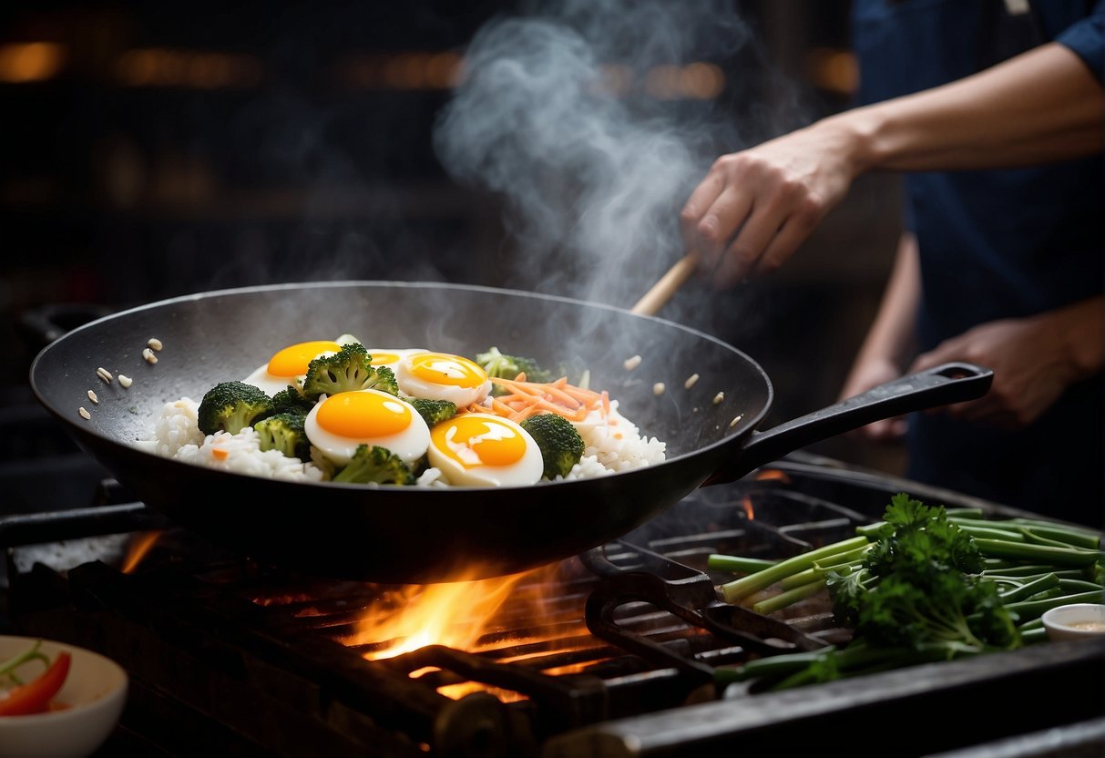 A wok sizzles with rice, eggs, and vegetables. A chef adds soy sauce and stir-fries the ingredients until fragrant and golden