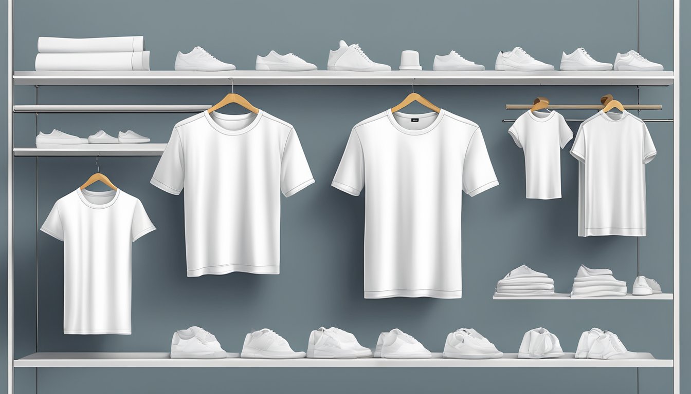 A display of plain white t-shirts in various sizes and styles at a Singapore retail store
