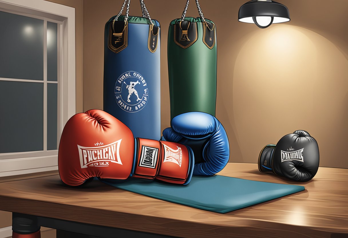 A table displays boxing gloves, hand wraps, and a punching bag