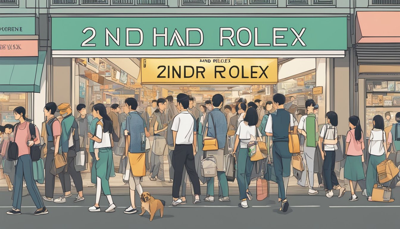 A crowded Singapore street with a prominent sign reading "2nd hand Rolex for sale" and people browsing the display