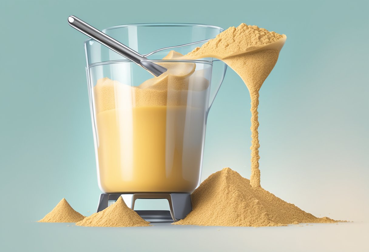 A blender mixing vegan protein powder with water, creating a smooth and creamy texture. A spoon scooping up the mixture, showcasing its mixability