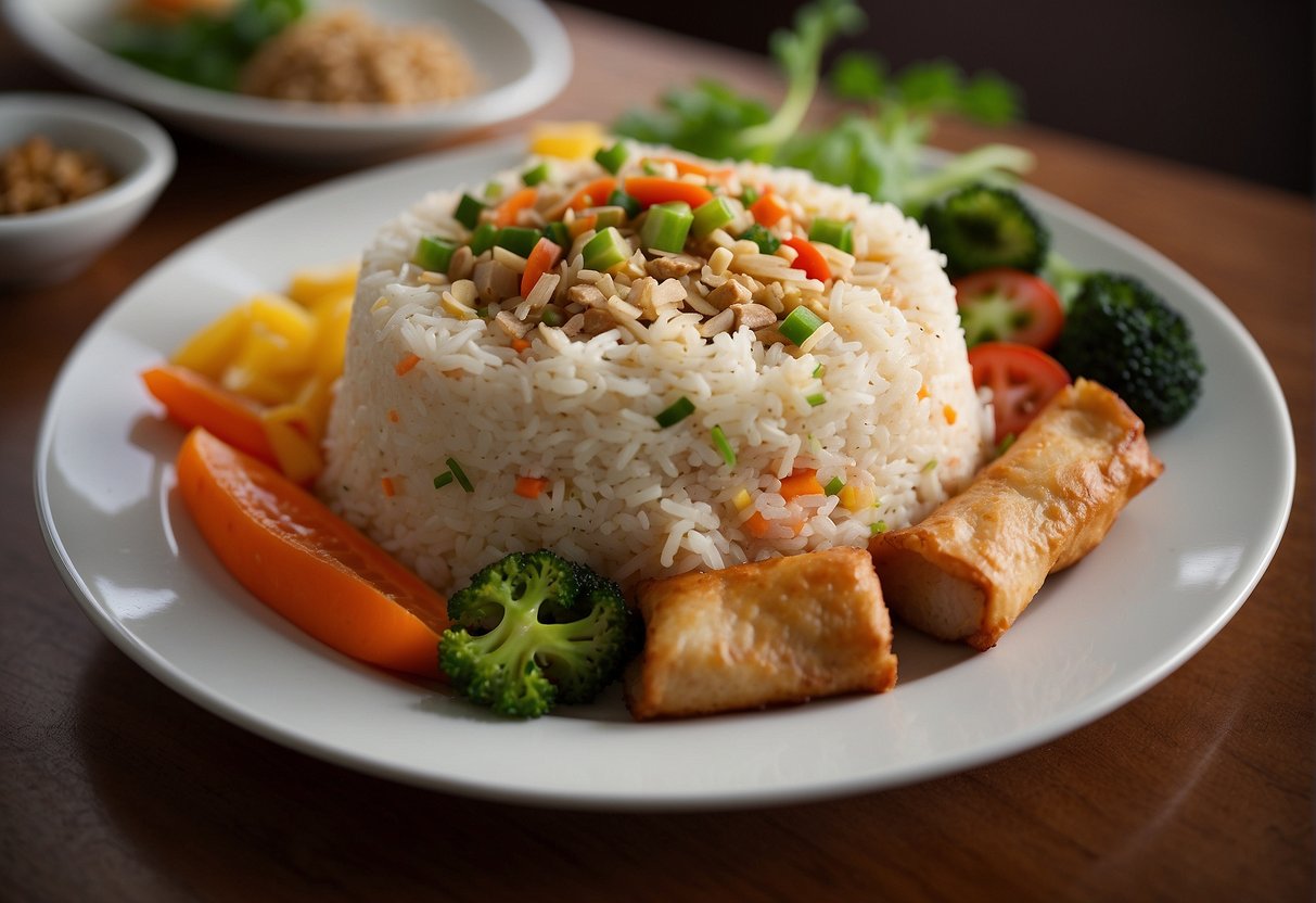 A steaming plate of Chinese fried rice with colorful vegetables and savory chunks of chicken, accompanied by a side of fresh, crunchy spring rolls