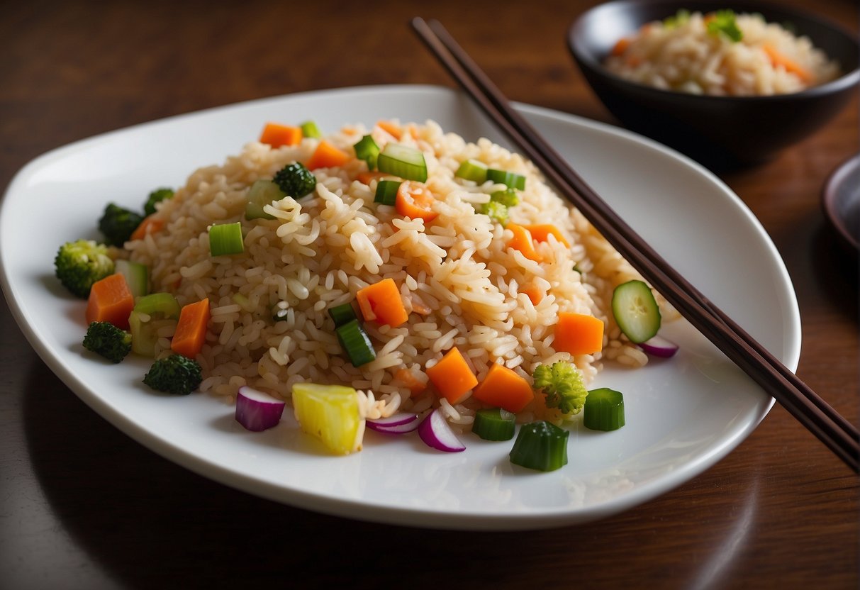 A steaming plate of Chinese fried rice sits on a wooden table next to a pair of chopsticks and a small dish of soy sauce. A glass jar filled with colorful pickled vegetables is visible in the background