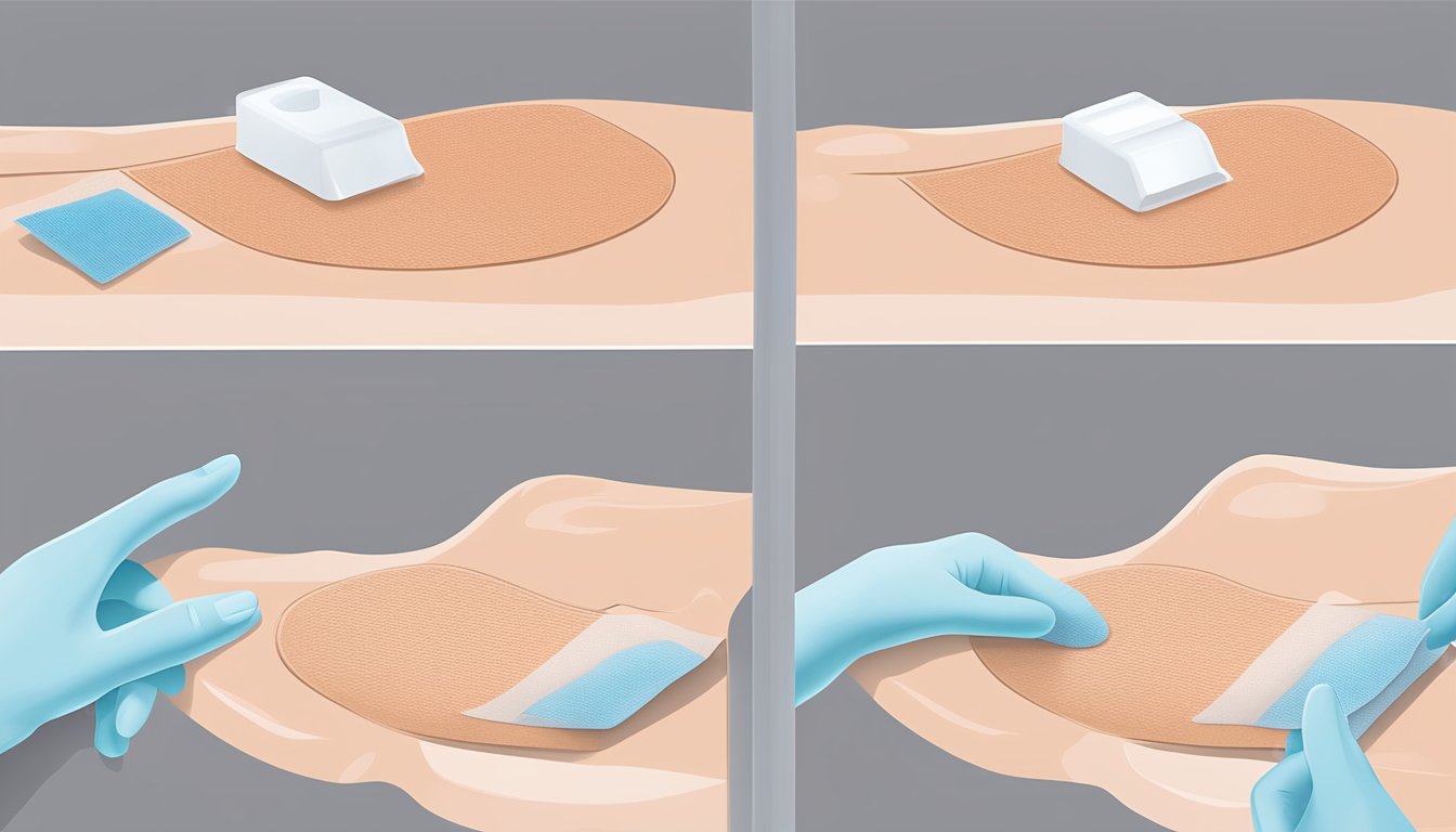A ketoprofen patch is being applied to a clean, dry area of skin. The patch is being pressed firmly in place for several seconds to ensure proper adhesion