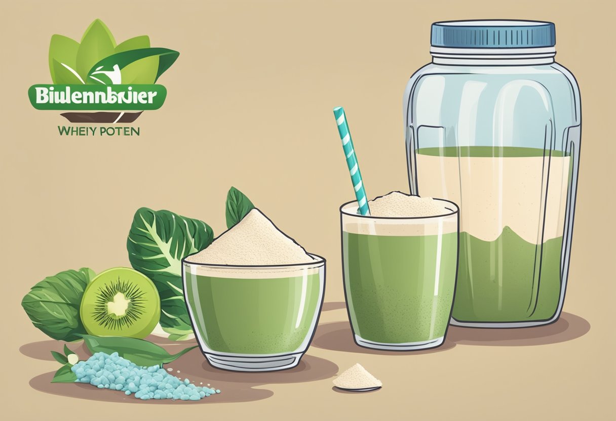 A blender mixes vegan protein powder into a smoothie, next to a container of whey protein