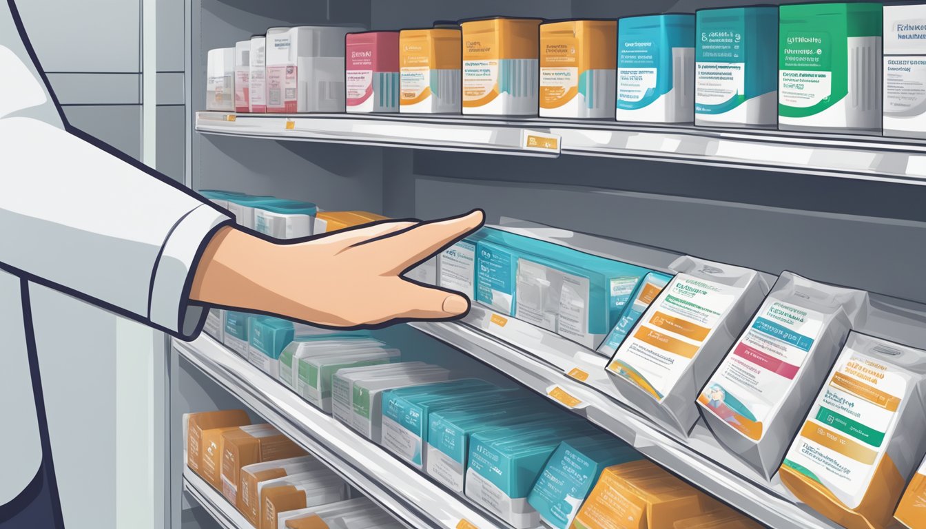 A hand reaches for a ketoprofen patch on a pharmacy shelf. The packaging displays usage instructions and benefits
