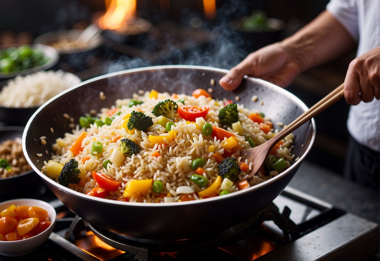 A wok sizzles with fragrant garlic and onions, as a chef tosses in colorful vegetables and fluffy grains of rice, creating a mouthwatering Chinese fried rice dish