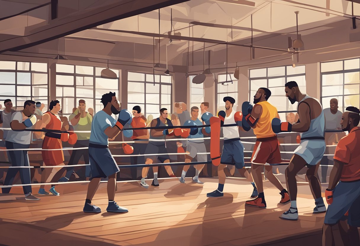 A bustling boxing gym with people chatting, sparring, and cheering. The sound of gloves hitting punching bags fills the air. A sense of camaraderie and community is palpable
