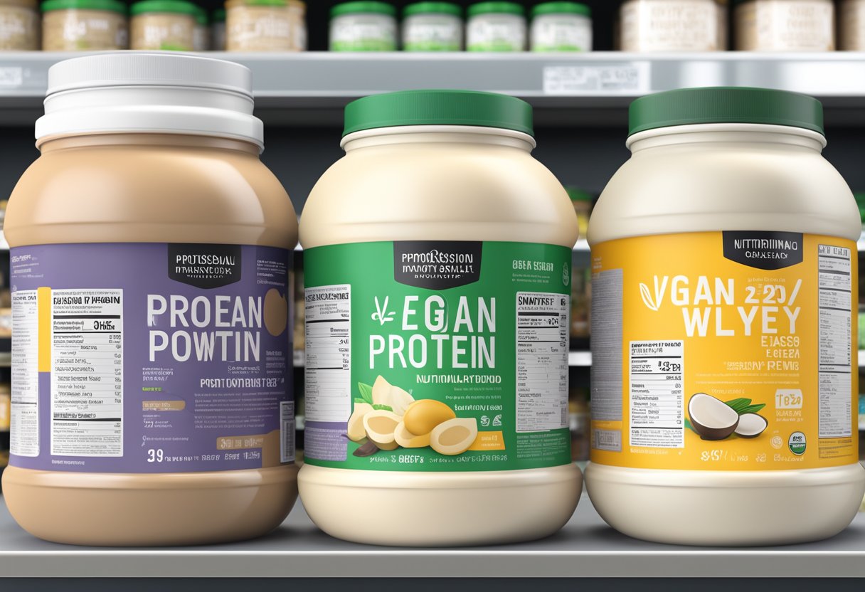 Vegan protein powder and whey sit side by side on a store shelf, with clear price tags and easy-to-read nutritional information