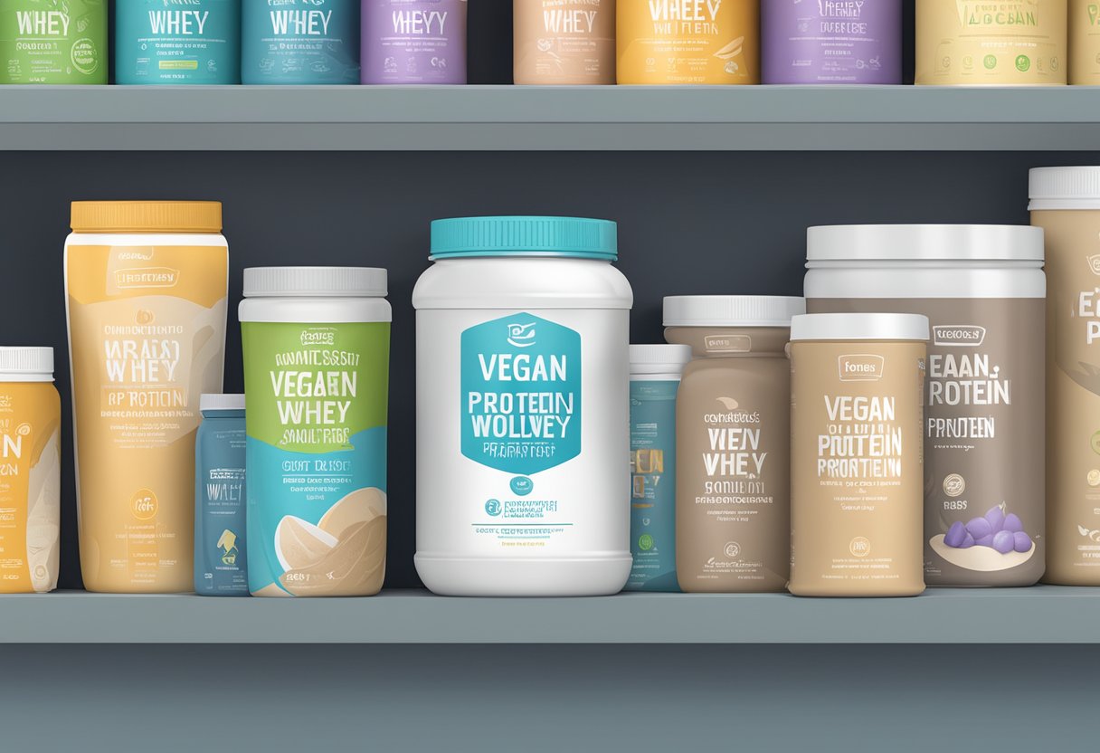 Assorted vegan protein powder containers on a shelf, with a prominent label comparing their benefits to whey protein