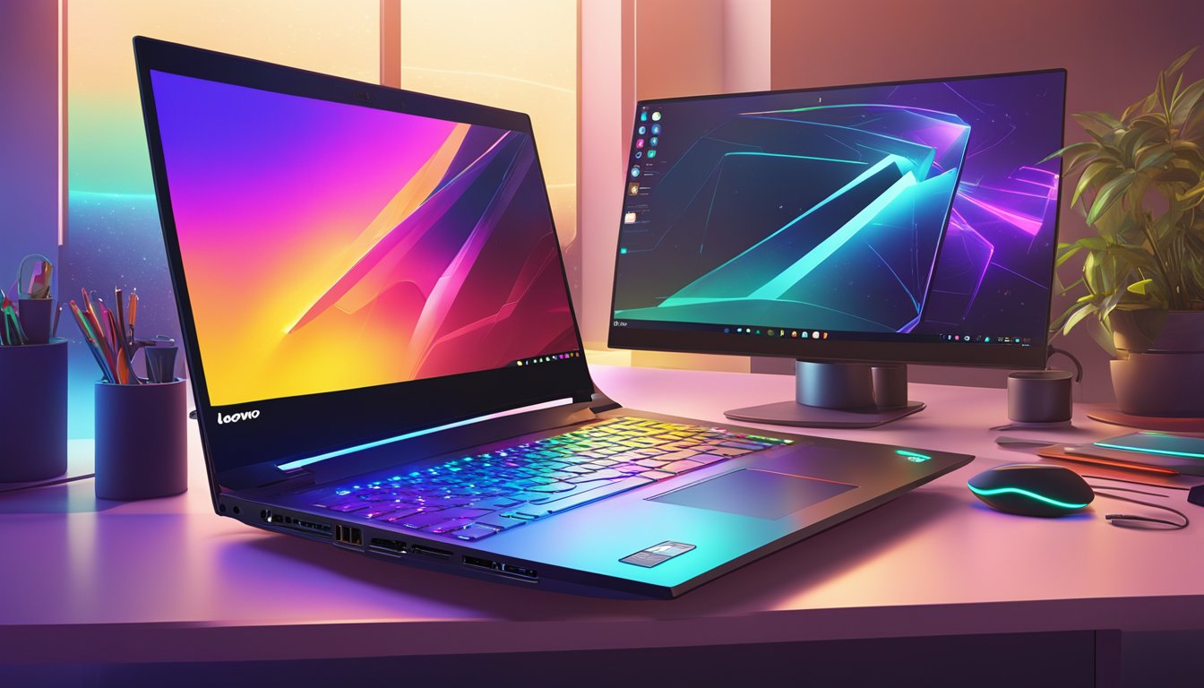 A Lenovo gaming laptop sits on a sleek desk, surrounded by high-tech accessories and vibrant LED lighting. The Powerhouse Range logo glows on the laptop's lid, exuding power and performance