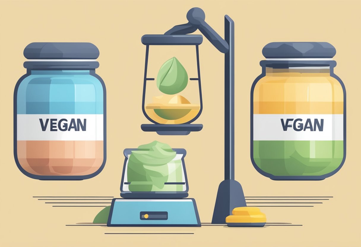 A comparison between vegan and whey protein powders, with two separate containers and a scale to symbolize balance and equality