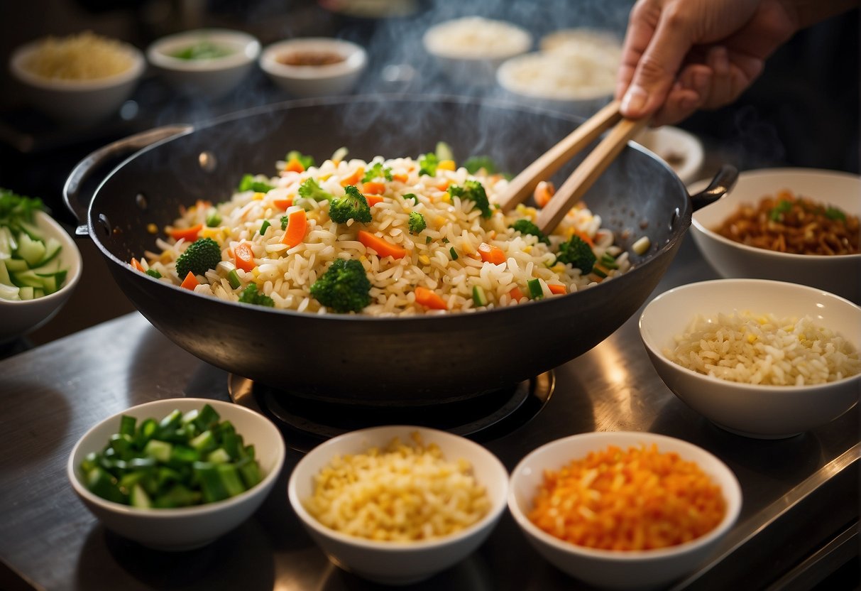 A wok sizzles with fragrant garlic, onions, and diced vegetables, as a chef adds steamed rice, soy sauce, and scrambled eggs, creating a colorful and flavorful Chinese fried rice dish popular in Singapore
