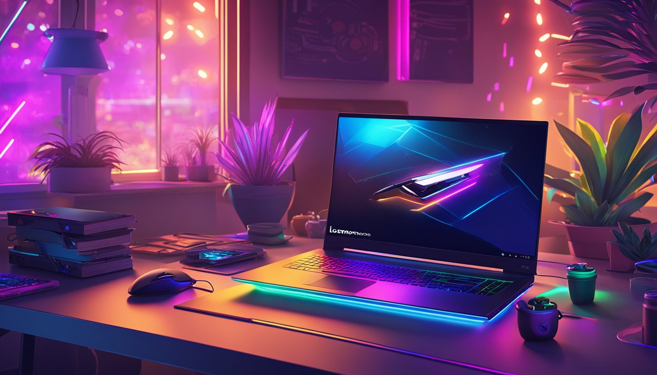 A sleek Lenovo gaming laptop sits on a desk, surrounded by colorful LED lights and gaming peripherals. The screen displays an intense gaming scene, immersing the viewer in an exciting virtual world
