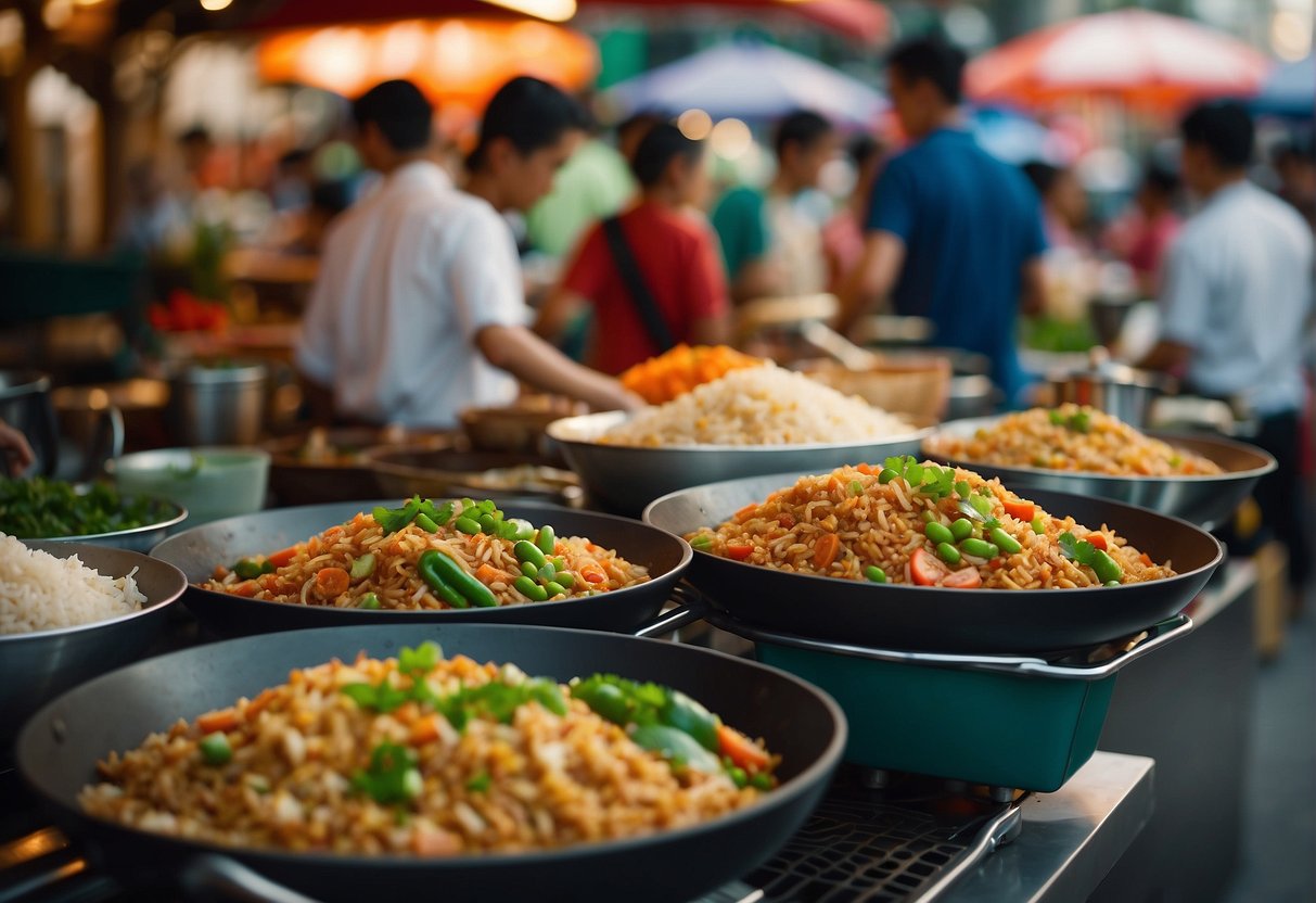 A bustling Singapore street market showcases a chef skillfully stir-frying Chinese fried rice, surrounded by vibrant colors and the aroma of exotic spices