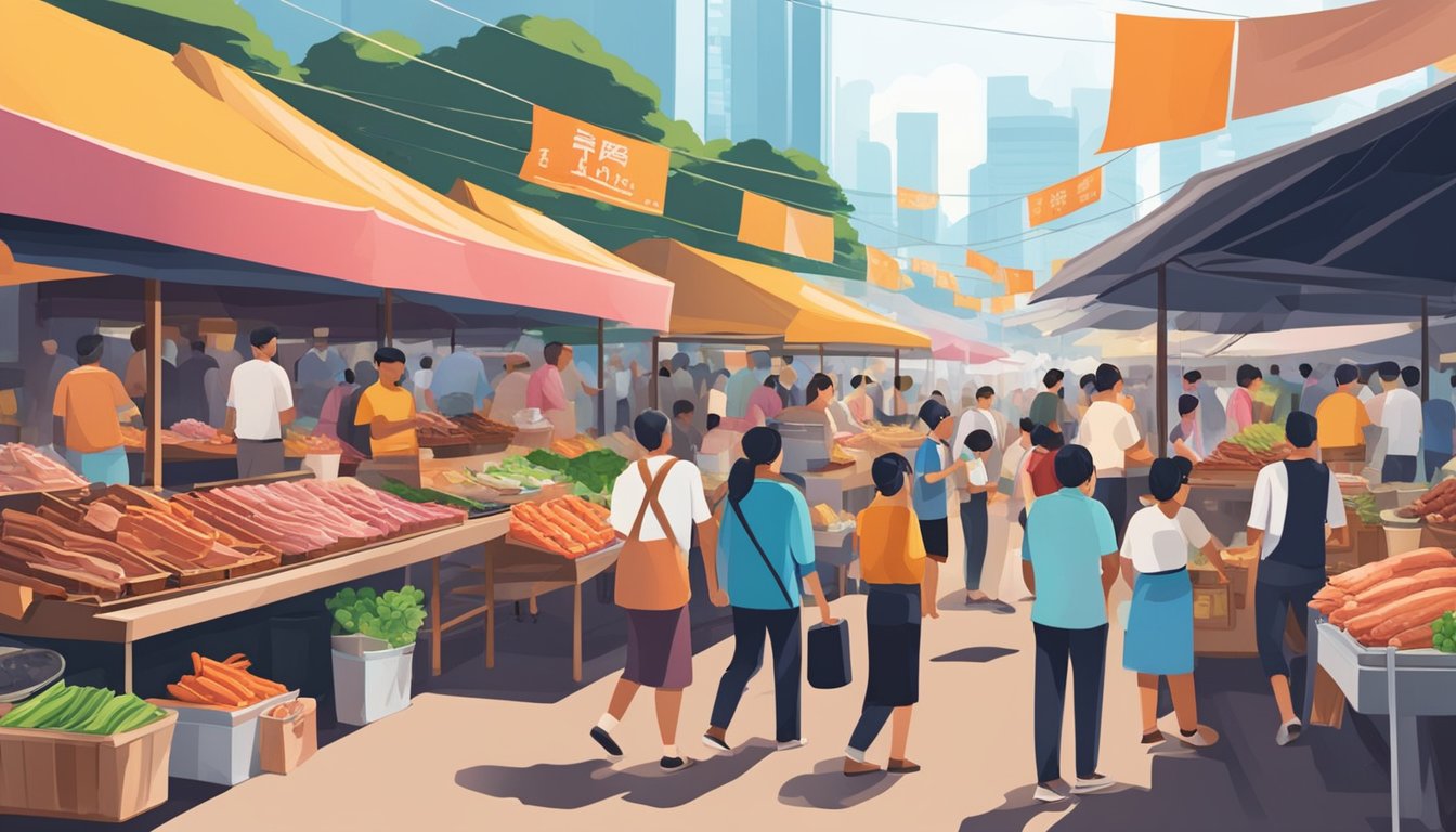 A bustling outdoor market with vendors selling fresh pork ribs in Singapore. Colorful signs and bustling crowds create a lively atmosphere