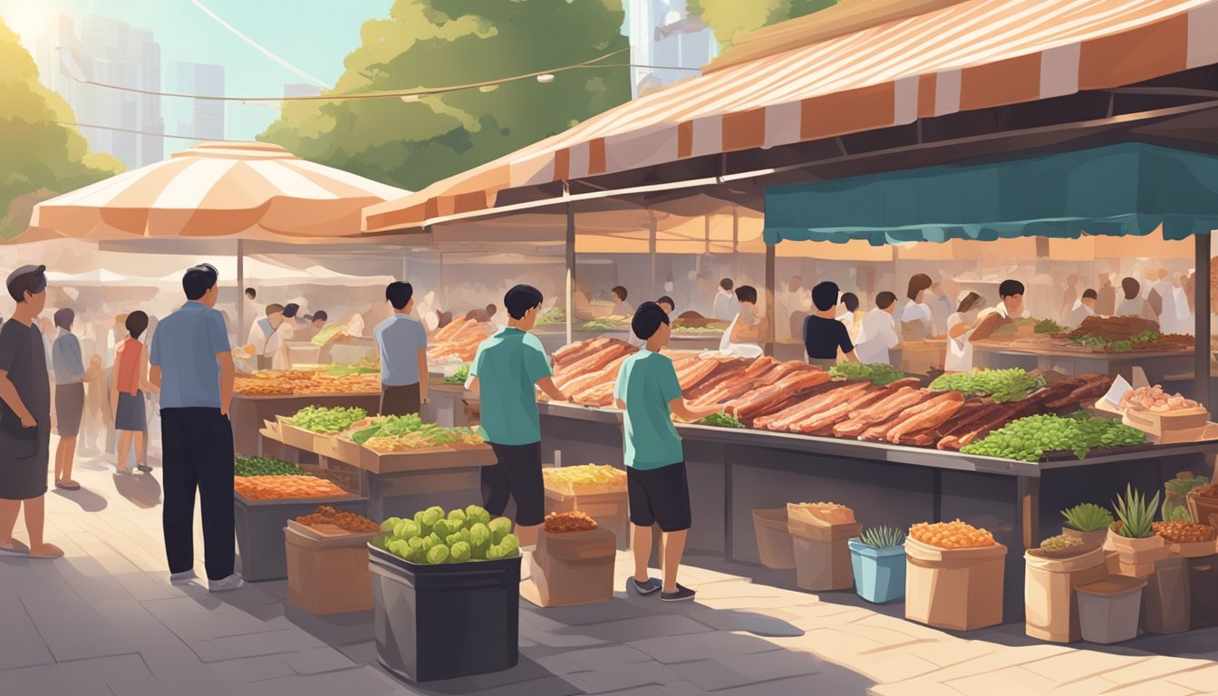 A bustling market stall displays racks of succulent pork ribs, glistening under the warm Singaporean sun, surrounded by eager customers