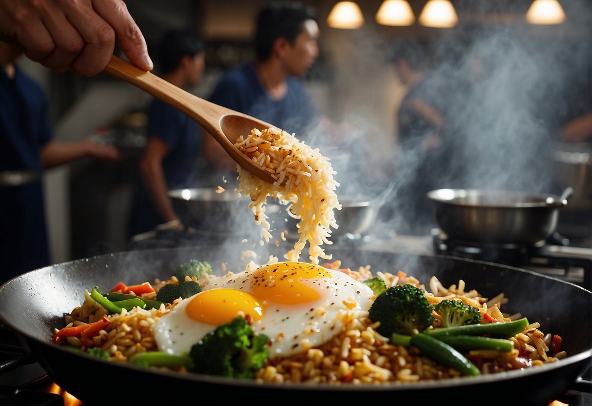 A sizzling wok tosses rice, eggs, veggies, and savory soy sauce, creating fragrant clouds of steam in a bustling Singaporean kitchen