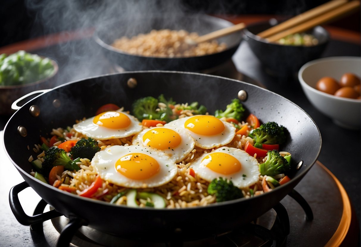 A wok sizzles with stir-fried rice, eggs, and vegetables. Steam rises as the cook tosses in soy sauce and seasonings