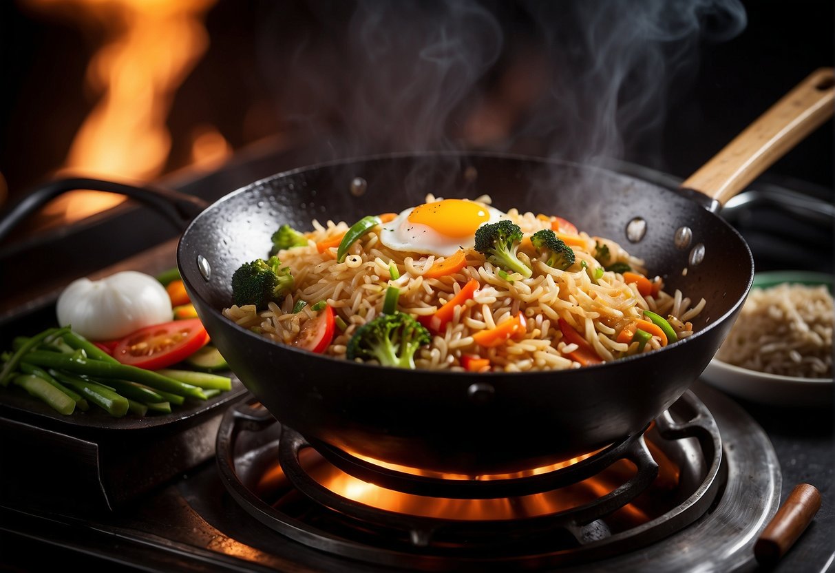 A wok sizzles as ingredients are stir-fried: rice, vegetables, egg, and protein. A dash of soy sauce and aromatic spices complete the dish