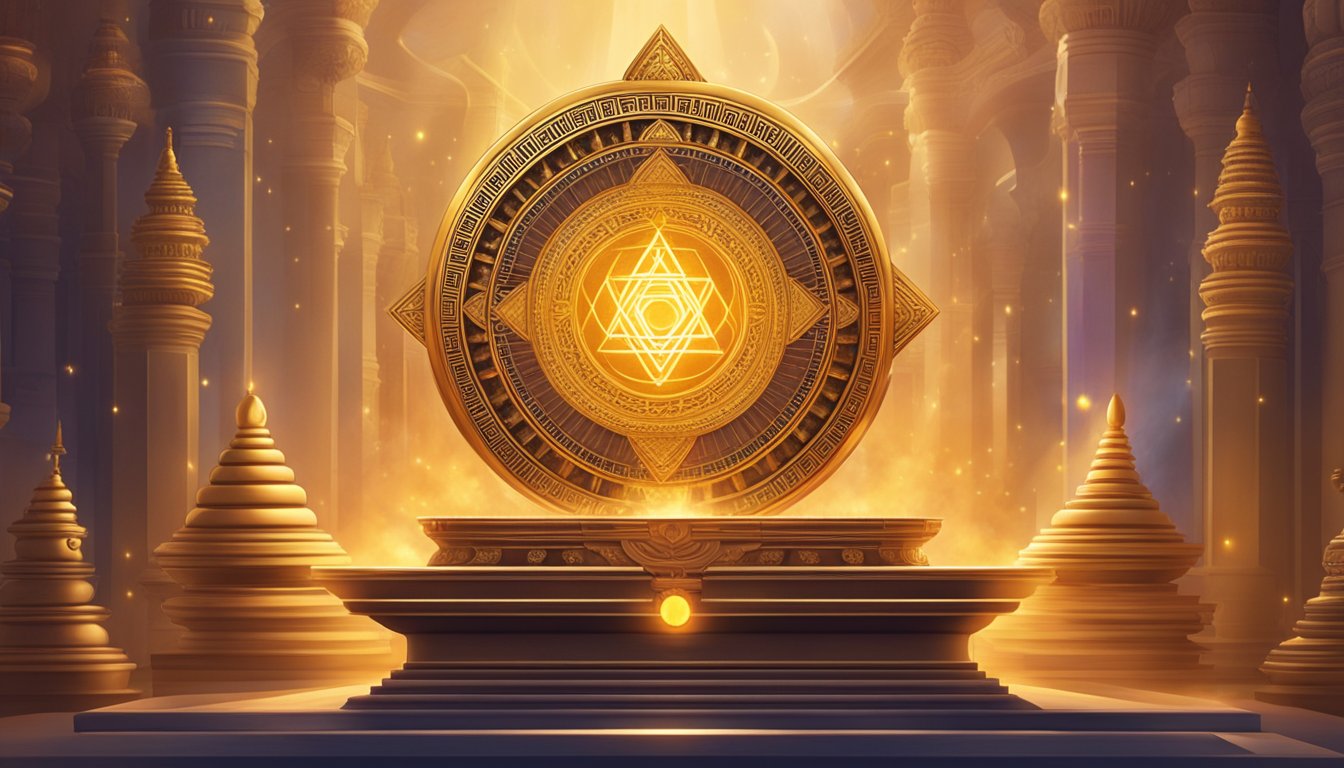 A glowing Linga Bhairavi yantra sits atop a golden pedestal, surrounded by offerings and incense. Rays of light emanate from the yantra, creating a divine and sacred atmosphere