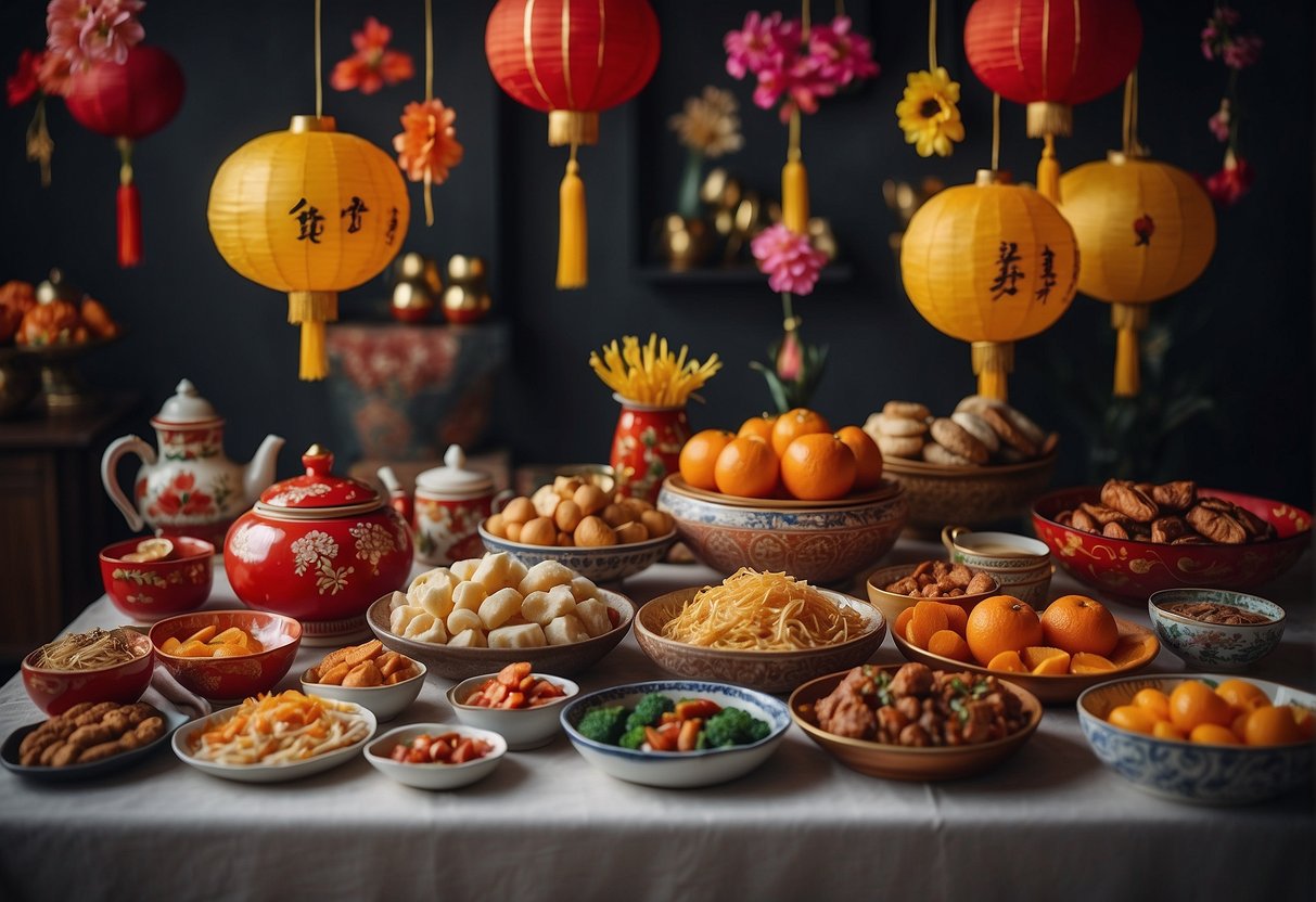 A festive table adorned with traditional Lunar New Year dishes and decorations, showcasing the rich flavors and vibrant colors of the celebration