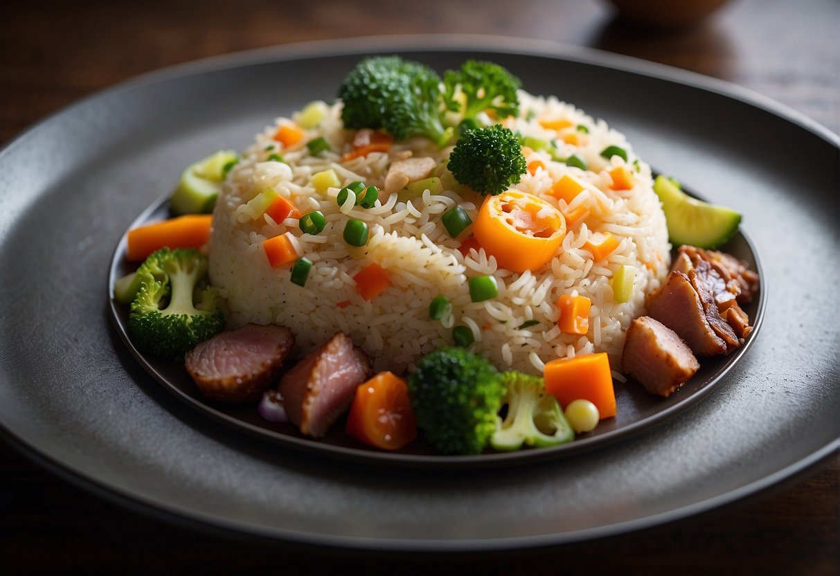 A steaming plate of Chinese fried rice is artfully arranged with vibrant vegetables and succulent pieces of meat, garnished with fresh herbs and served on a decorative platter