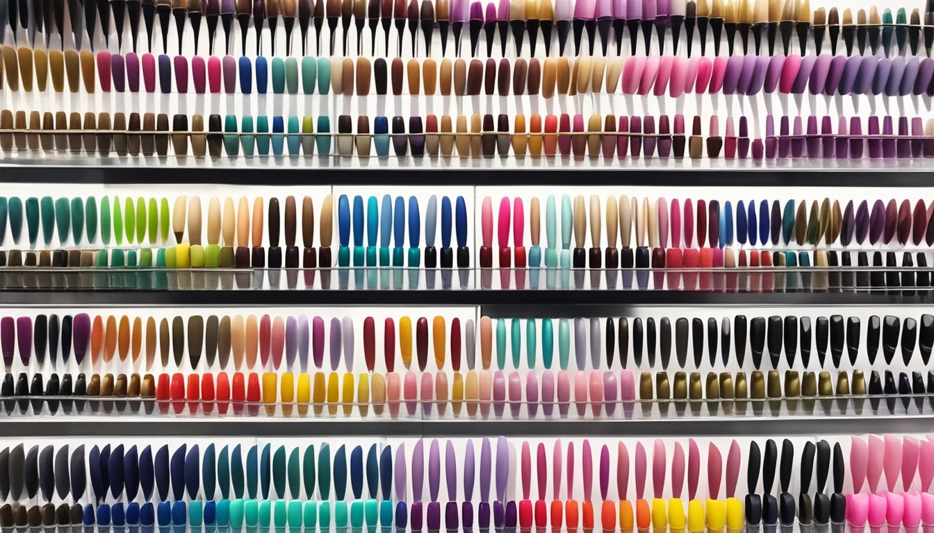 A display of press-on nails in various colors and designs at a beauty supply store in Singapore