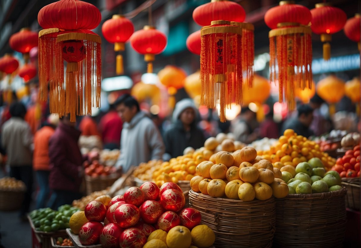 Colorful decorations and traditional Chinese New Year ingredients fill the bustling market. Vendors display festive goods as shoppers prepare for the upcoming celebration