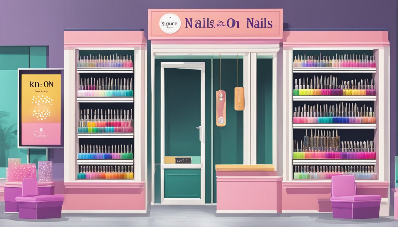 A bright and colorful nail salon display showcasing various press-on nail designs in Singapore. Shelves lined with neatly packaged options, with a sign indicating the top spots for finding press-on nails