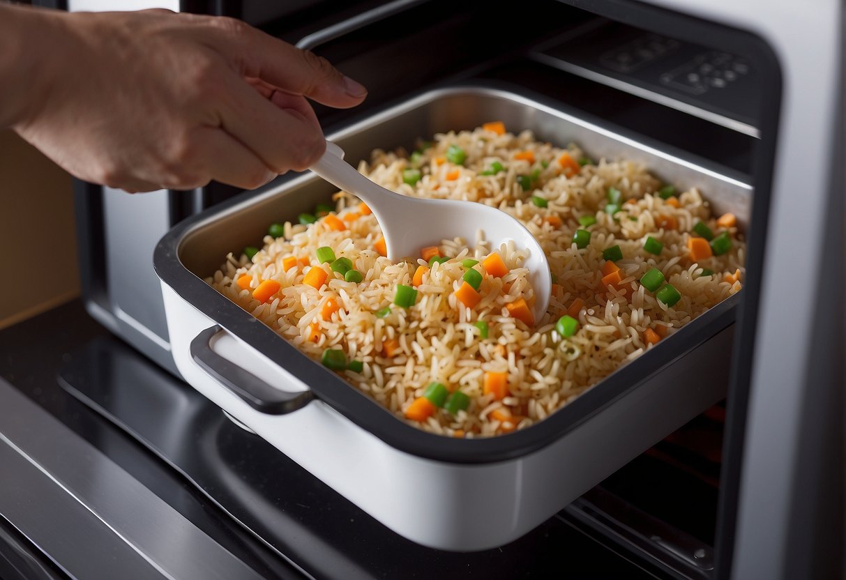 A hand pours leftover Chinese fried rice into a microwave-safe container. The container is placed in the microwave and reheated until steaming