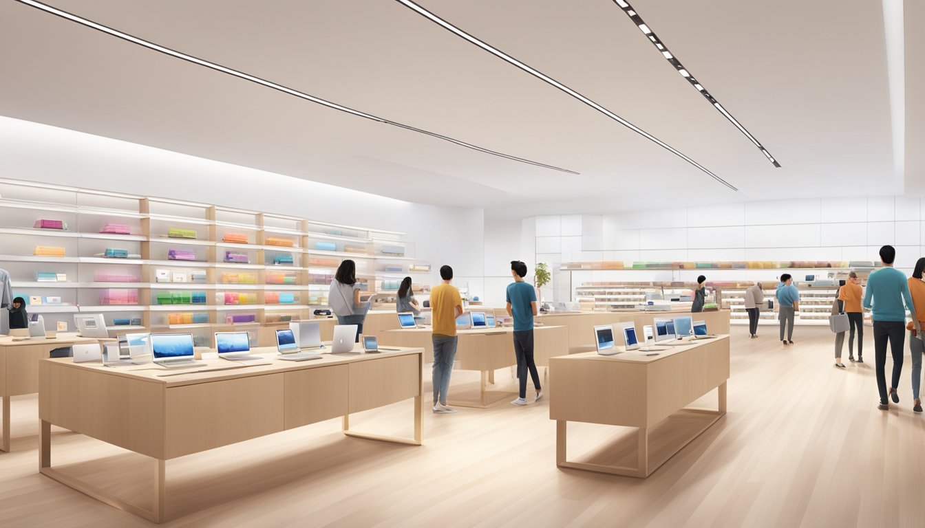 An Apple store in Singapore, with sleek white shelves displaying various Apple products, and customers browsing and making purchases