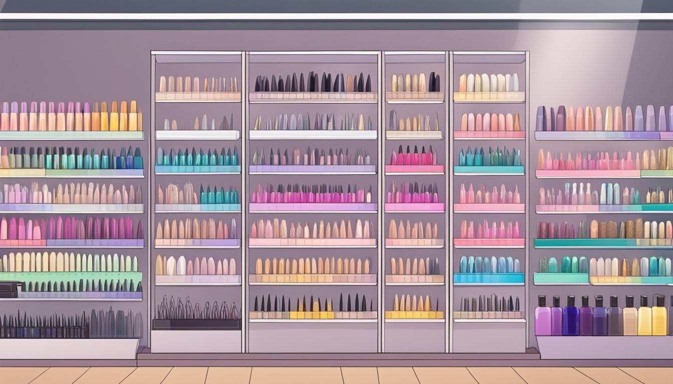 A display of various press-on nails in a well-lit beauty store in Singapore, with shelves neatly organized and labeled with different styles and colors