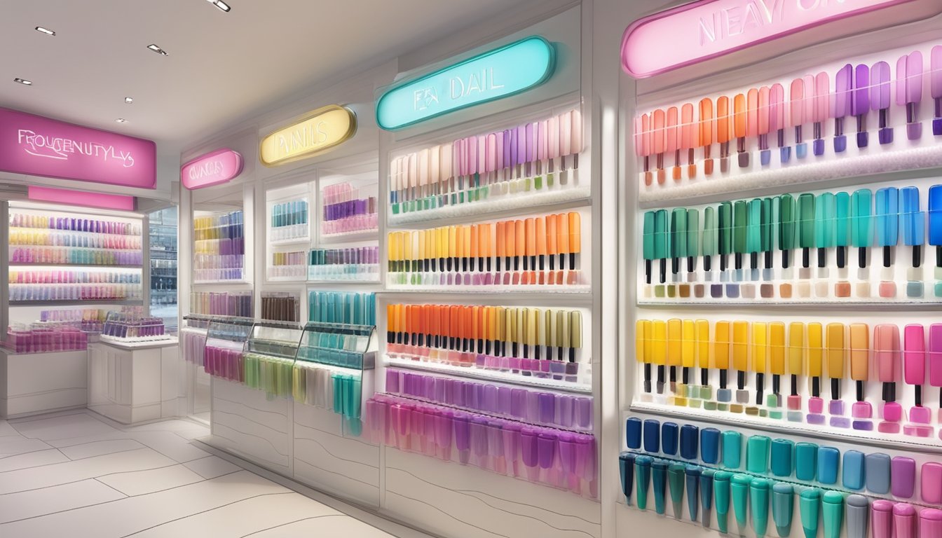 A display of press-on nails in various colors and styles at a Singaporean beauty store, with a sign indicating "Frequently Asked Questions" about purchasing