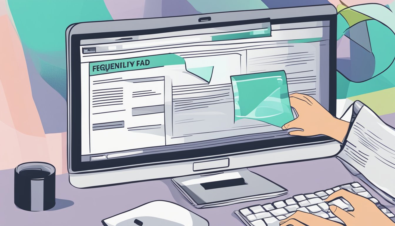 A computer screen with a webpage open showing "Frequently Asked Questions" about masking tape. A hand reaching for a computer mouse