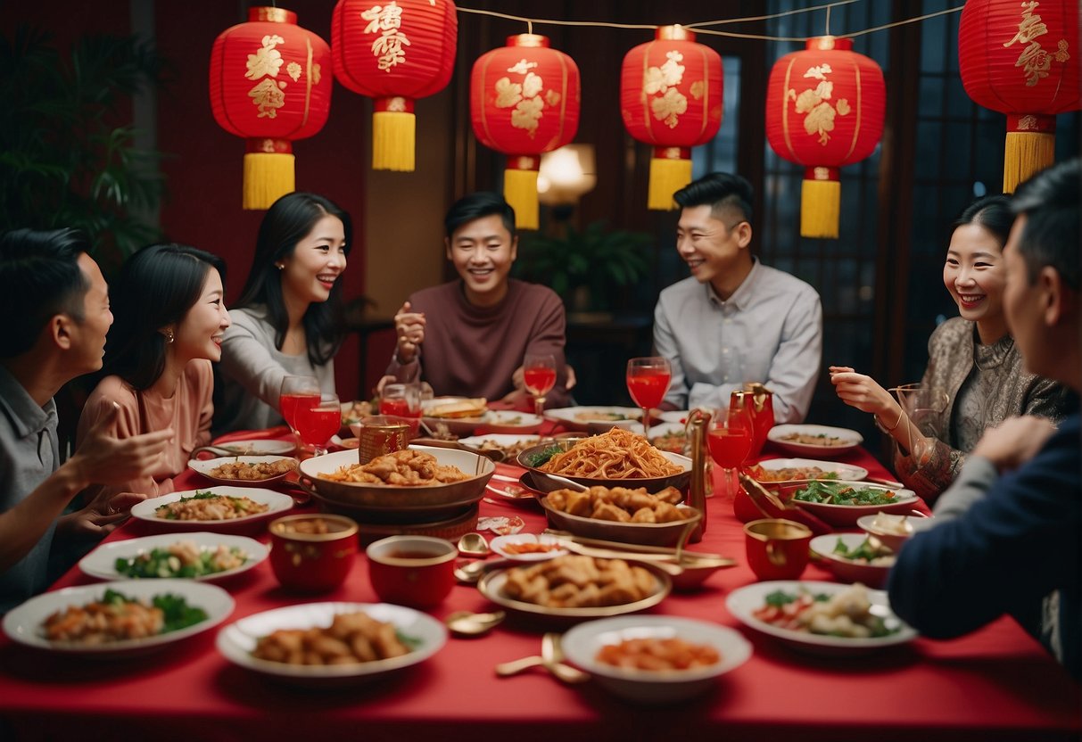 Friends gather around a table filled with traditional Chinese New Year dishes, red lanterns hanging in the background