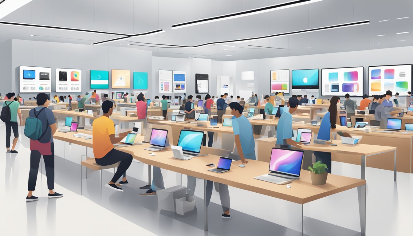 A bustling Apple store in Singapore, filled with sleek, modern displays of the latest Apple products, with customers browsing and interacting with the devices
