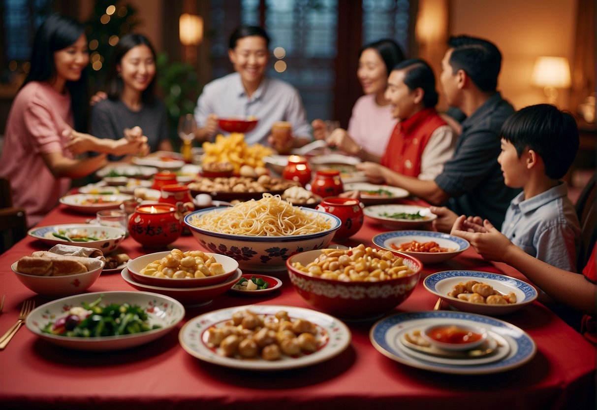 A festive table set with traditional Chinese New Year dishes, surrounded by family members enjoying the meal