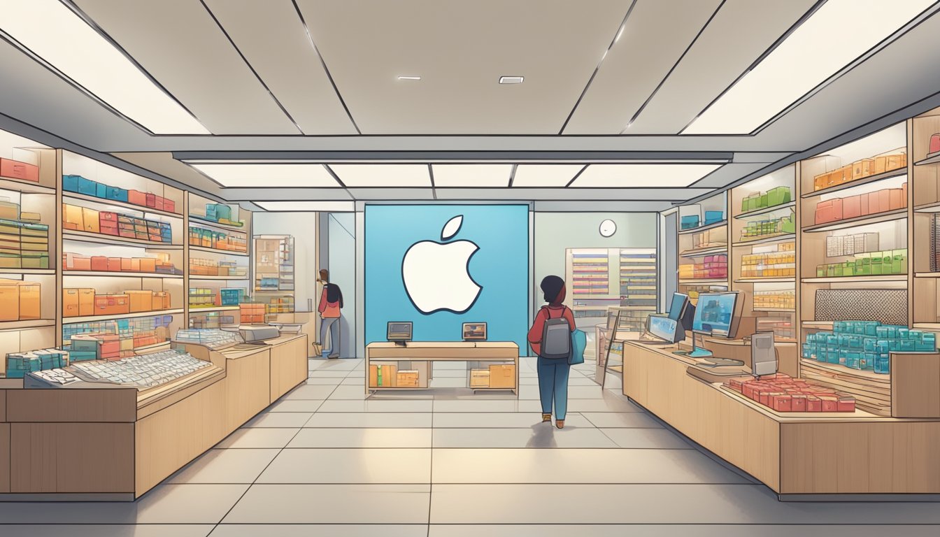 An Apple store in Singapore with shelves of products and a sign reading "Frequently Asked Questions: Where to buy Apple products in Singapore."