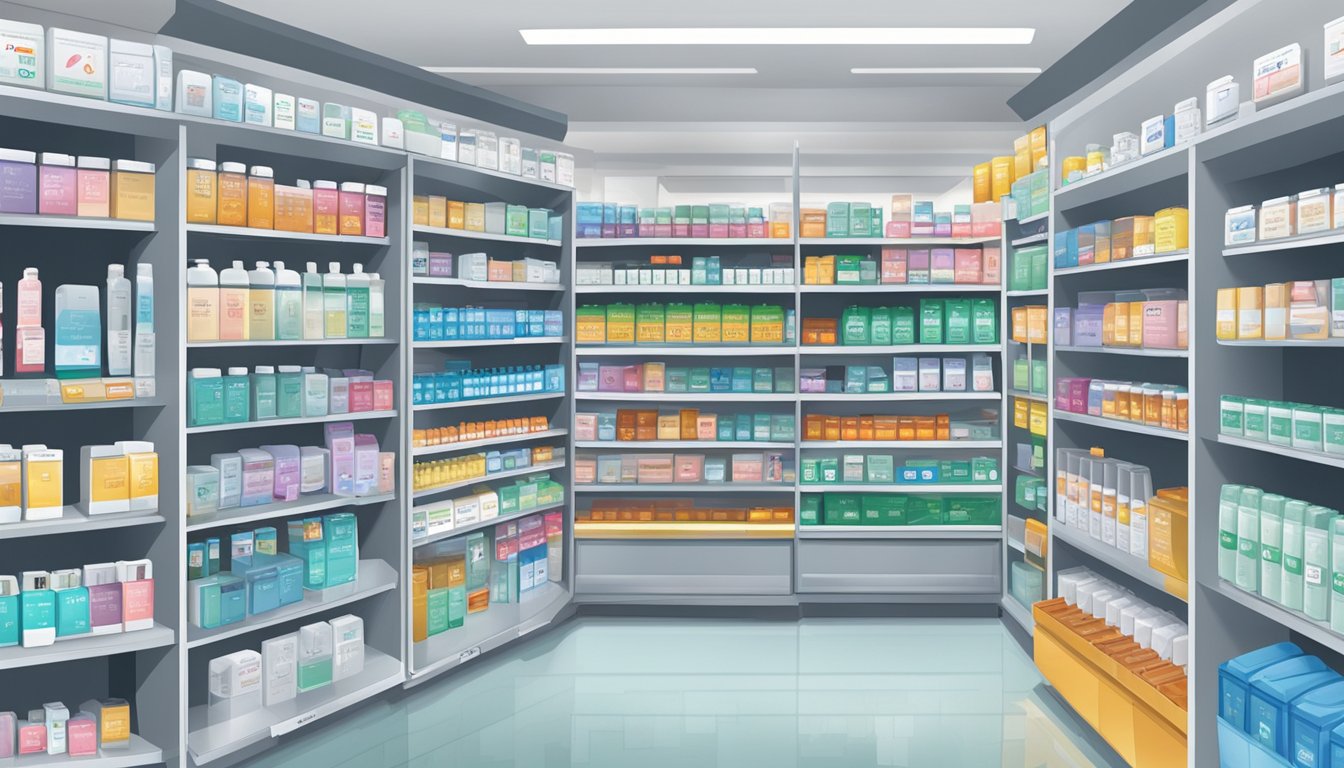 A pharmacy shelf displays pulse oximeters in Singapore