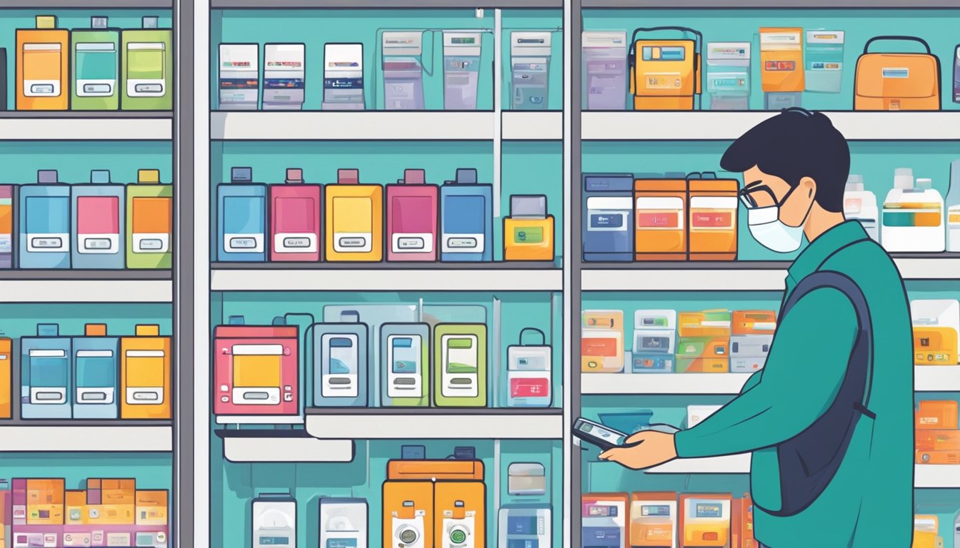 A person browsing through a variety of pulse oximeters on the shelves of a medical supply store in Singapore. The shelves are neatly organized with different brands and models to choose from